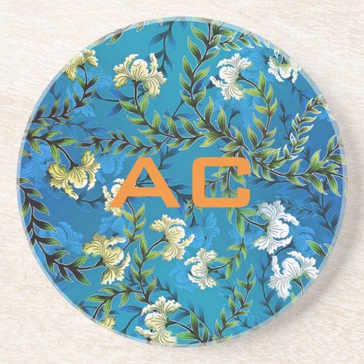 Moderne Monogram Blue Floral Chic Getränkeuntersetzer (Vorne)