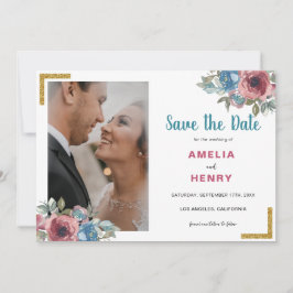 Moderne Monogram Blue & Pink Floral Foto Wedding Save The Date