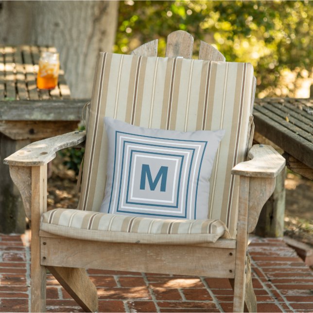 Moderne Monogram Blue White Abstrakt Squares Grau  Kissen (Stuhl)