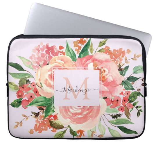 Moderne Monogram Blush Pink Floral Bouquet Laptopschutzhülle (Vorderseite)