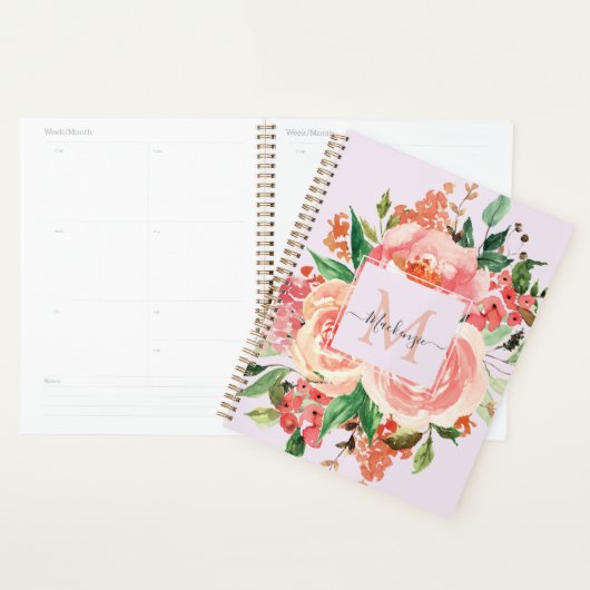 Moderne Monogram Blush Pink Floral Bouquet Planer (Anzeige)