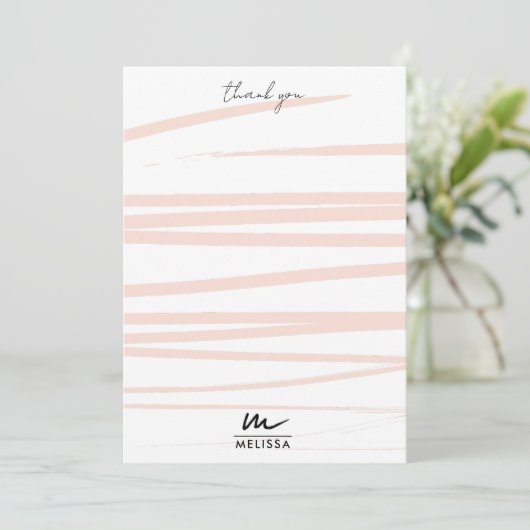 Moderne Monogram Blush Pink Lines Abstrakt Art Dankeskarte (Stehend Vorderseite)