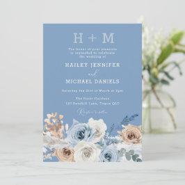 Moderne Monogram Boho Dusty Blue Floral Wedding Einladung