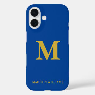Moderne Monogram Chic Blue Gold Stilvoll Minimalis iPhone 16 Hülle