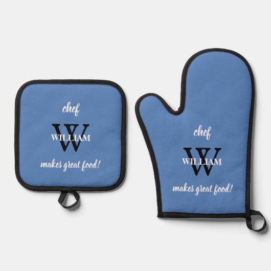Moderne Monogram Chic Script Koch Name Rustic Blue Ofenhandschuh & Topflappen-Set (Vorderseite)