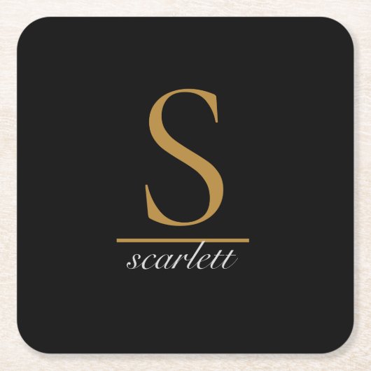 Moderne Monogram Classic Black Gold Script Name Rechteckiger Pappuntersetzer (Vorderseite)