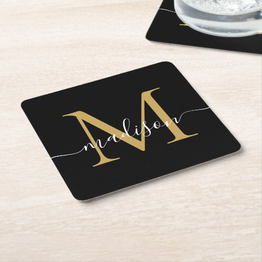 Moderne Monogram Classic Black Gold Script Name Rechteckiger Pappuntersetzer (angewinkelt)