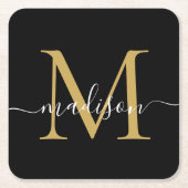 Moderne Monogram Classic Black Gold Script Name Rechteckiger Pappuntersetzer (Vorderseite)