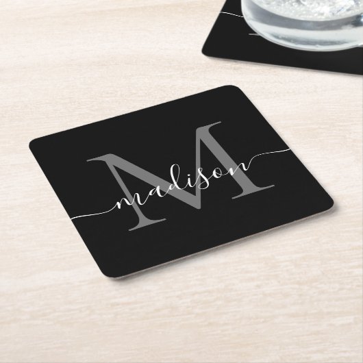 Moderne Monogram Classic Black Gray Script Name Rechteckiger Pappuntersetzer (angewinkelt)