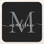 Moderne Monogram Classic Black Gray Script Name Rechteckiger Pappuntersetzer<br><div class="desc">Eleganter Personalisierter Schwarz-Silber-Grau-Monogramm-Skriptname Initial Paper Untersetzer</div>