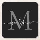 Moderne Monogram Classic Black Gray Script Name Rechteckiger Pappuntersetzer (Vorderseite)