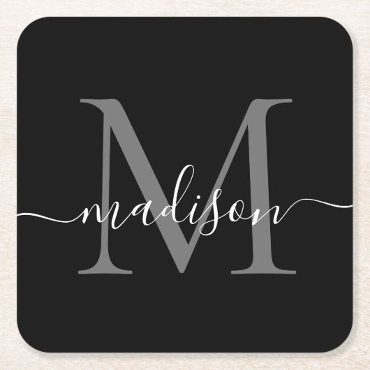 Moderne Monogram Classic Black Gray Script Name Rechteckiger Pappuntersetzer (Vorderseite)