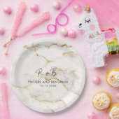 Moderne Monogram Custom Gold Marmorhochzeit Pappteller (Party)