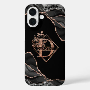 Moderne Monogram D Black Agate Marmor Rose Gold iPhone 16 Hülle