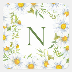 Moderne Monogram Daisies Quadratischer Aufkleber