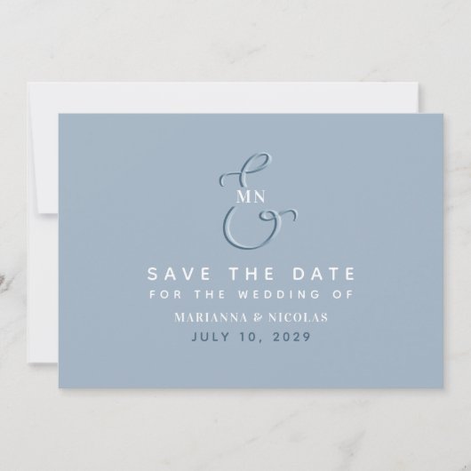 Moderne Monogram Dusty Blue Wedding Save The Date (Vorderseite)