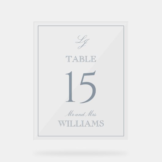 Moderne Monogram Dusty Blue Wedding Tischnummer Acrylschild (Vorderseite)