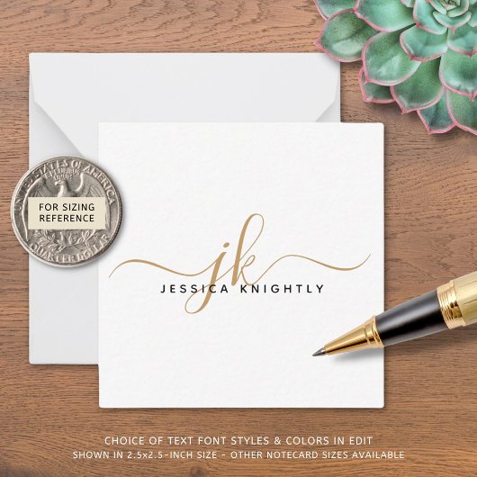 Moderne Monogram Elegant Script Initials Gold Blac Mitteilungskarte