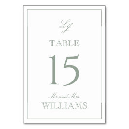 Moderne Monogram Elegant Script Sage Green Wedding Tischnummer