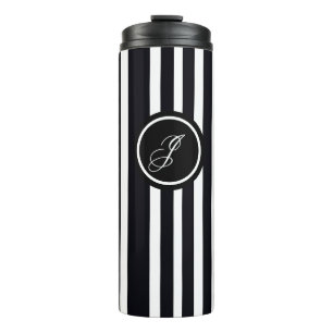 Moderne Monogram, erste Schwarz-Weiß Stripte Kunst Thermosbecher