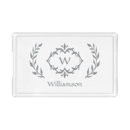 Moderne Monogram-Familie Elegant Wreath Gray White Acryl Tablett