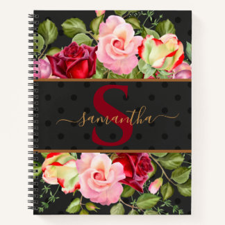 Moderne Monogram Floral Rose & Black Polka Dot Notizblock