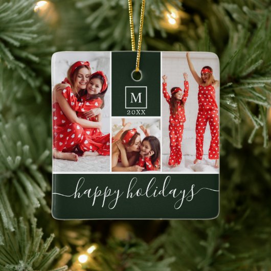 Moderne Monogram Foto Collage Happy Holiday Green Keramikornament (Baum)