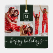Moderne Monogram Foto Collage Happy Holiday Green Keramikornament (Rückseite)