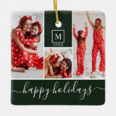 Moderne Monogram Foto Collage Happy Holiday Green Keramikornament (Vorderseite)