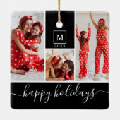 Moderne Monogram Foto Collage Happy Holiday Keramikornament (Rückseite)