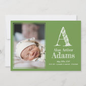 Moderne Monogram-Geburtsstaten | Grünes Foto Ankündigung (Vorderseite)