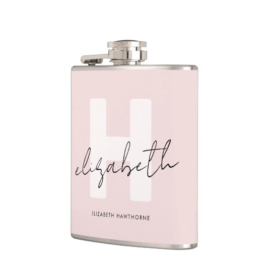 Moderne Monogram Girly Script Blush Pink Initial Flachmann (Links)