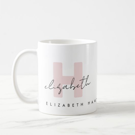 Moderne Monogram Girly Script Blush Pink Initial Kaffeetasse (Links)