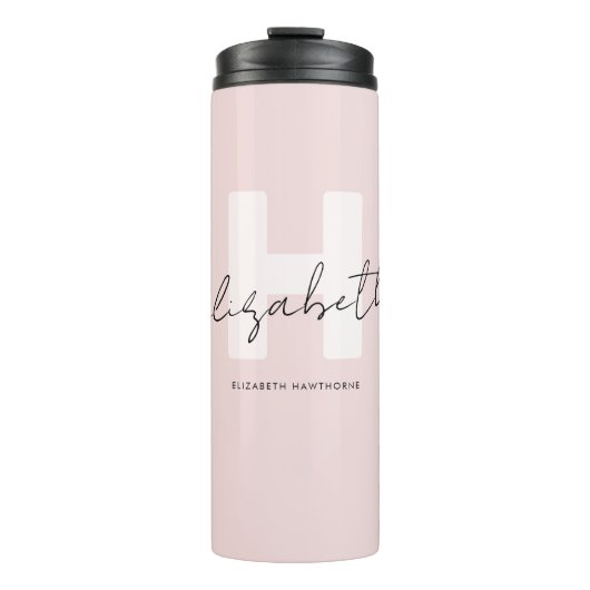 Moderne Monogram Girly Script Blush Pink Initial Thermosbecher (Vorderseite)