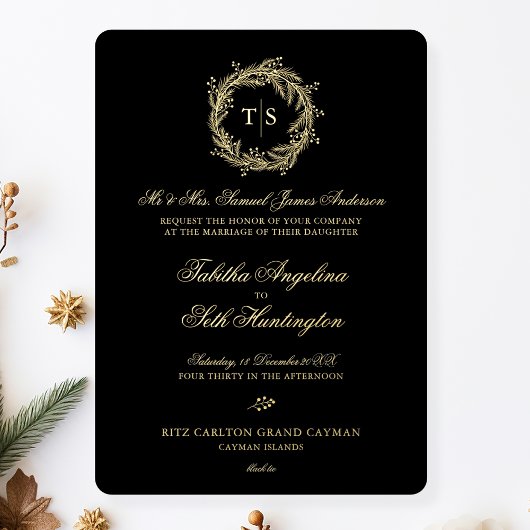 Moderne Monogram Gold Black Wedding Folieneinladung