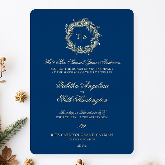 Moderne Monogram Gold Blue Wedding Folieneinladung