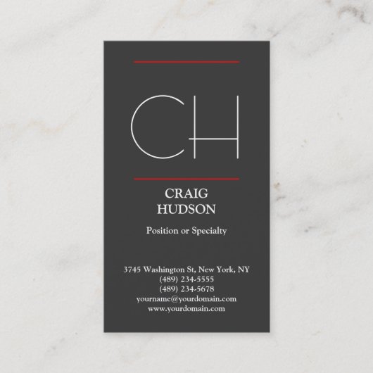 Moderne Monogram Graue White Red Business Card Visitenkarte (Vorderseite)
