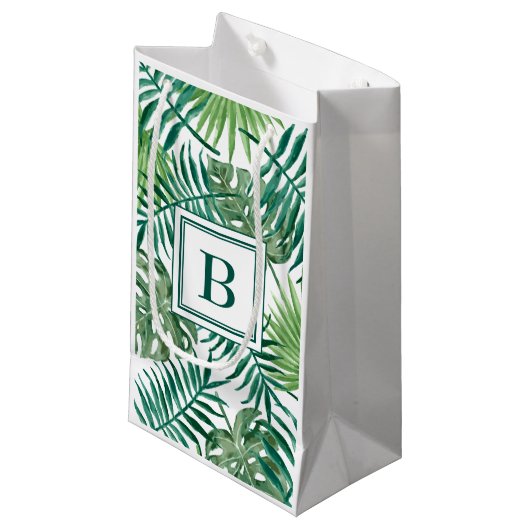 Moderne Monogram Green Botanical Palm Blätter Kleine Geschenktüte (Vorderseite Schrägansicht)