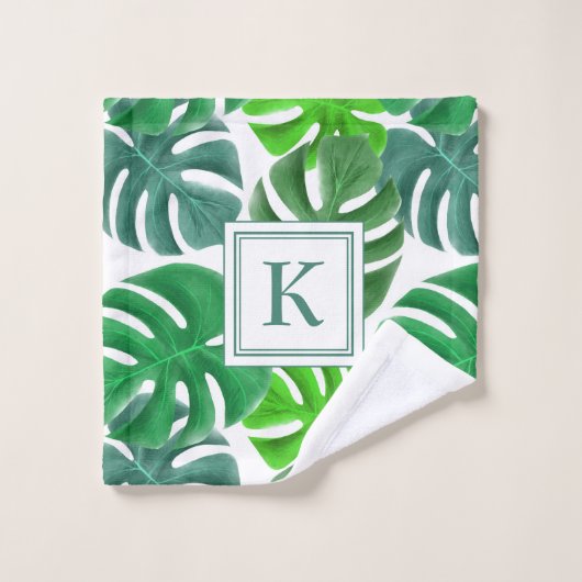 Moderne Monogram Green Palm Blätter Badhandtuch Set (Waschlappen)
