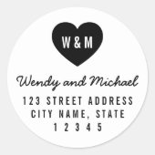 Moderne Monogram Heart Couple Wedding Address Runder Aufkleber (Vorderseite)