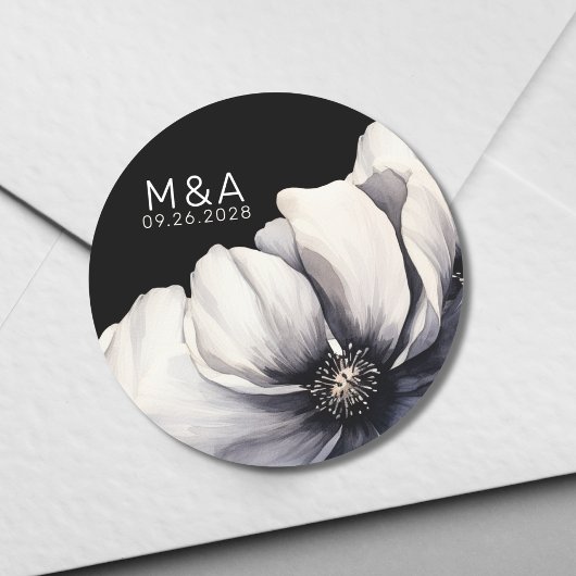 Moderne Monogram Initials Blume Black Wedding Runder Aufkleber