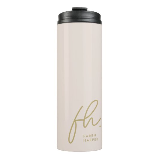 Moderne Monogram Minimal Script Blush Gold Initial Thermosbecher (Vorderseite)