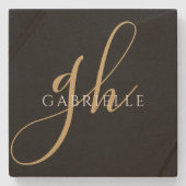 Moderne Monogram Name Elegante Script Black Gold Steinuntersetzer (Vorderseite)