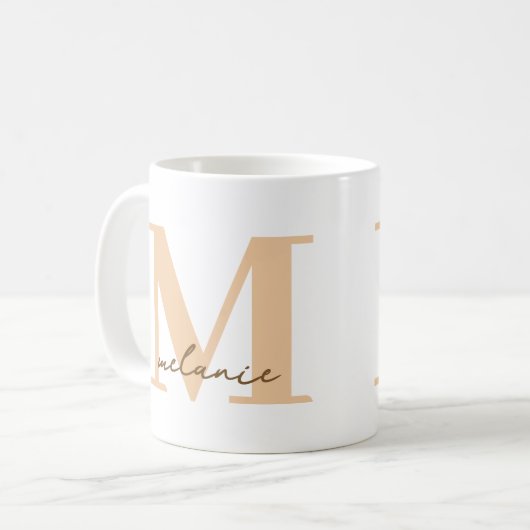 Moderne Monogram Name Gift Peach White Coffee Tass Kaffeetasse (Vorderseite Links)