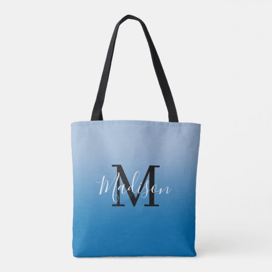 Moderne Monogram Name Light bis Dark Blue Gradient Tasche (Rückseite)