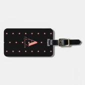 Moderne Monogram Name Rose Gold Black Polka Dot Gepäckanhänger (Vorderseite horizontal)