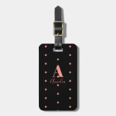 Moderne Monogram Name Rose Gold Black Polka Dot Gepäckanhänger (Vorderseite vertikal)