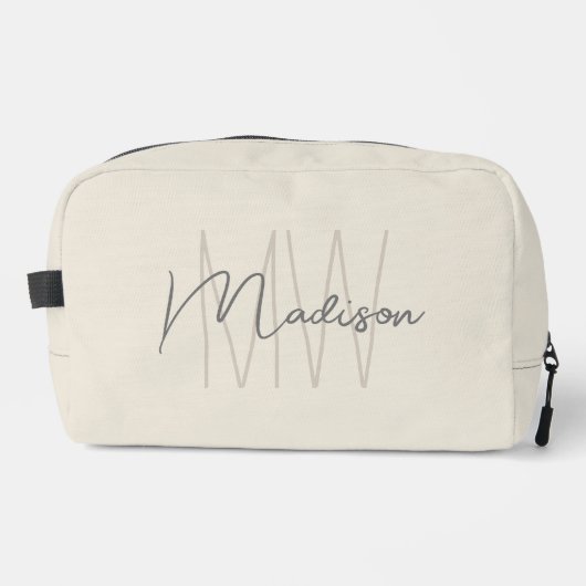 Moderne Monogram Name Script Creme Waschbeutel (Vorderseite)
