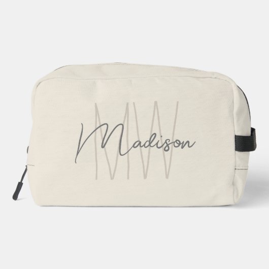 Moderne Monogram Name Script Creme Waschbeutel (Rückseite)