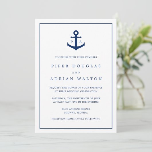 Moderne Monogram Nautical Anchor Elegante Hochzeit Einladung (Stehend Vorderseite)